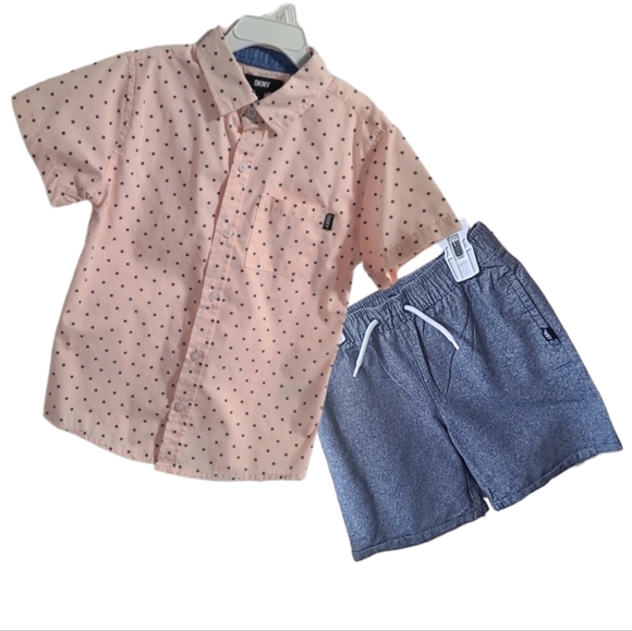 Dkny Other - 2-Piece DKNY Peach Polka-dot Short Sleeve Shirt With Blue Shorts, Size 7